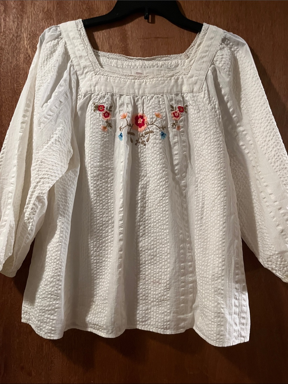 LC Lauren Conrad White Embroidered Square Neck Peasant Blouse